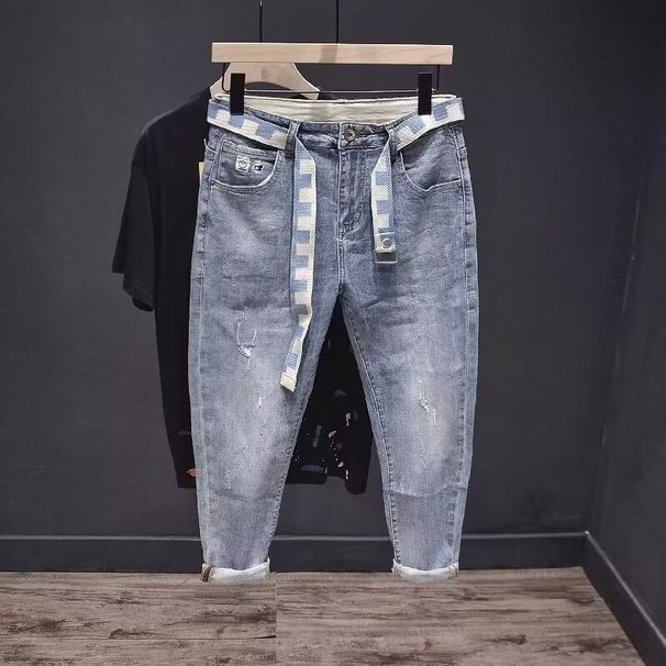 Men's Slim Fit Stretch Jeans Light Blue Distressed with Embroidery Comfortable Cropped Casual Pants for Spring Summer Fall_mkmklike.com