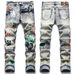 New In-Stock Foreign Trade Style Youth Trend High Street Slim Fit Stretch Ripped Printed Patchwork Men's Denim Pants_mkmklike.com
