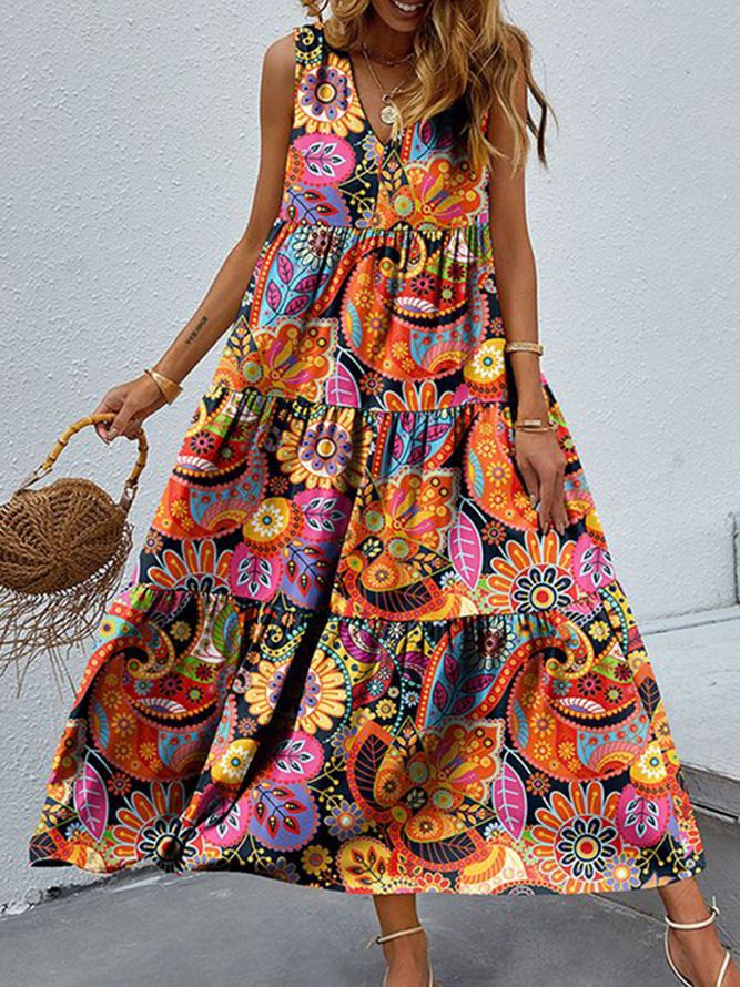 Women's Clothing long skirt loose casual floral casual V neck vest big swing dress_mkmklike.com
