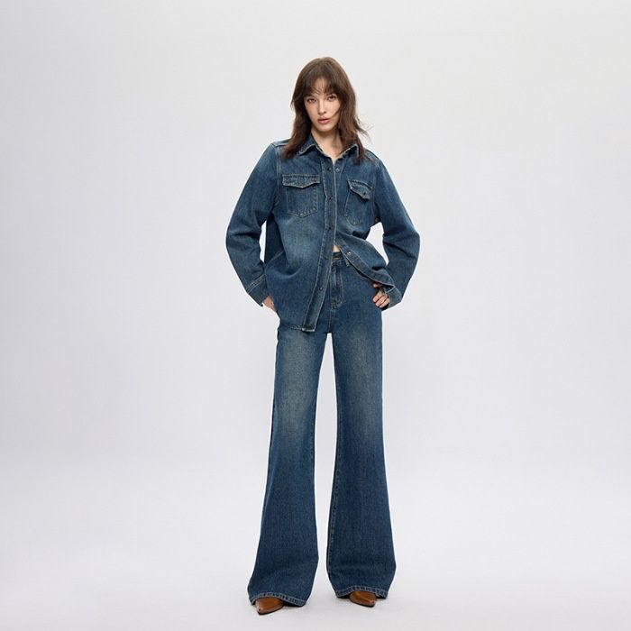 SELINE Women's Flared Jeans, Vintage Washed, High Waist, Slimming, 2025 Autumn New Loose Fit Floor-Length Pants_mkmklike.com