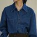 Vintage Denim Shirt Women's Casual Loose Fit Blue Chambray Top With Polo Collar, Retro Style Long Sleeve Blouse For Spring Autumn_mkmklike.com