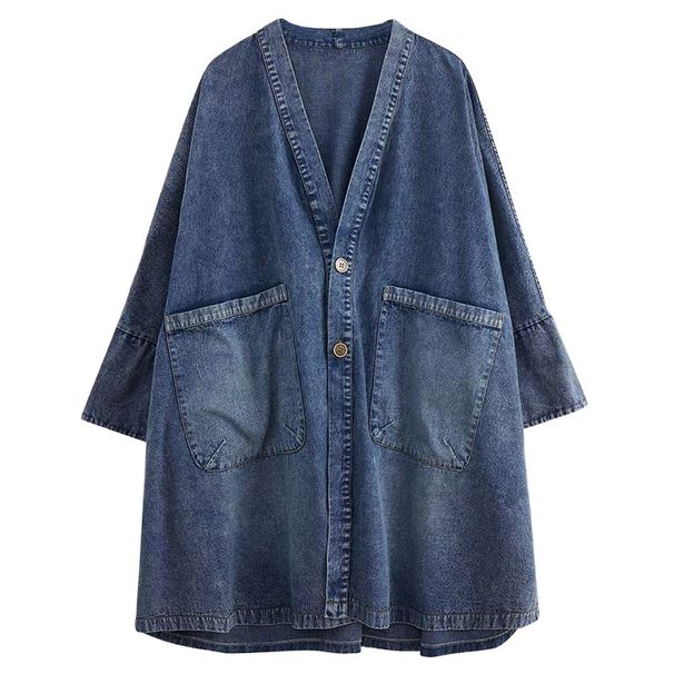 K Retro V-neck Pocket Denim Jacket For Women, Loose Fit Large Version, Medium To Long Windbreaker. No Necklaces Or Other Accessories_mkmklike.com