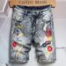 Pure European Brand Denim Shorts Personality Trendy Ripped Patch Loose Straight Five-Point Mid-Length Export Men's Pants_mkmklike.com