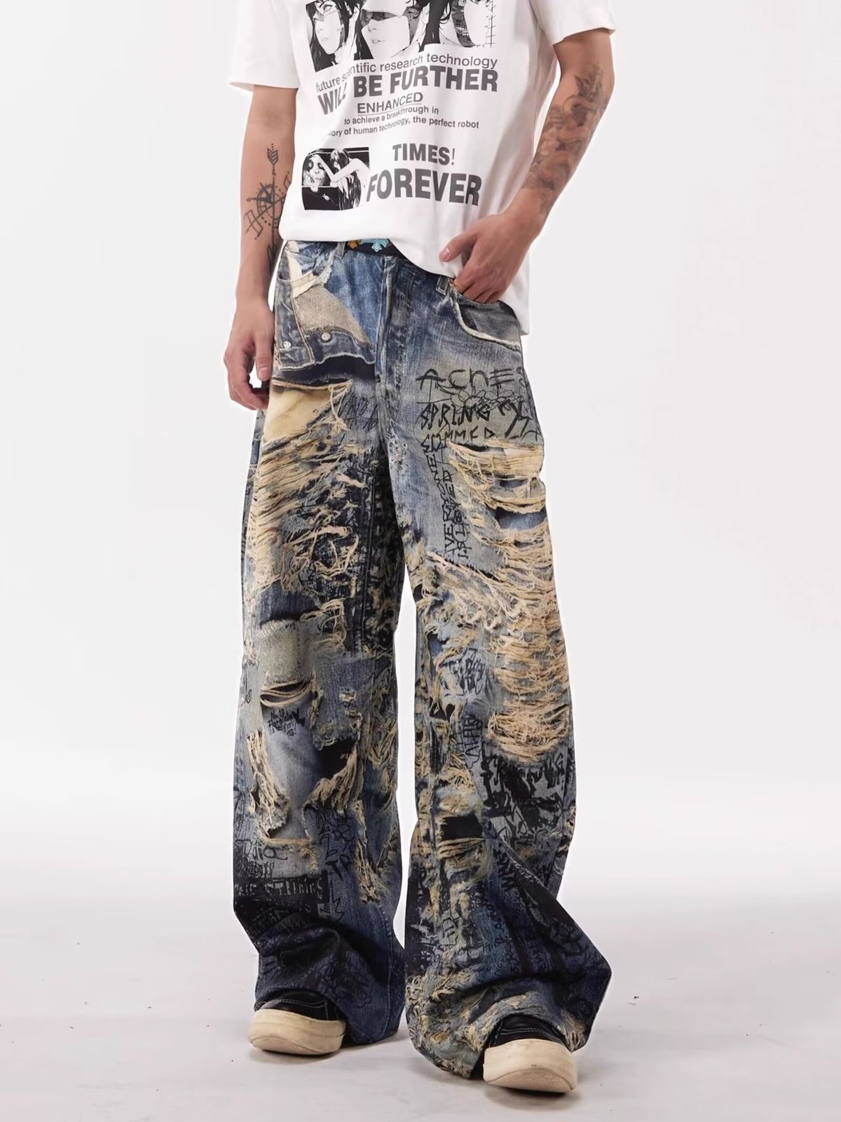 Graffiti Distressed 3D Digital Vintage Jeans For Men American Street Style Niche Design Straight Loose Wide-Leg Pants_mkmklike.com