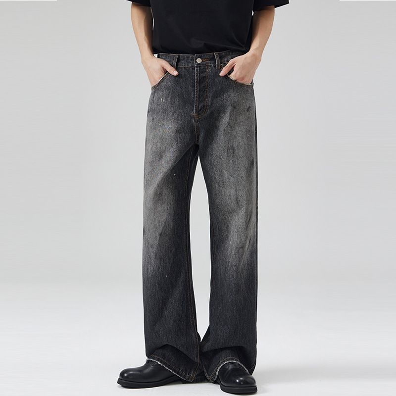LKTM Men's Black Splatter Design Flared Jeans AC Style Casual Wide Leg Pants mid Waist Cotton Long Jeans Unisex_mkmklike.com