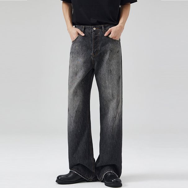 LKTM Men's Black Splatter Design Flared Jeans AC Style Casual Wide Leg Pants mid Waist Cotton Long Jeans Unisex_mkmklike.com