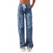 Women's Utility Cargo Jeans With Adjustable Lace-Up Detail & Multiple Pockets - Straight Leg Denim Pants For Casual Streetwear (Dark Blue, Light Blue)_mkmklike.com