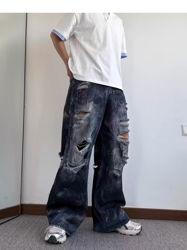 Men's American Streetwear Vintage Washed Distressed Jeans, Straight Leg Relaxed Fit High Fashion Denim Pants_mkmklike.com