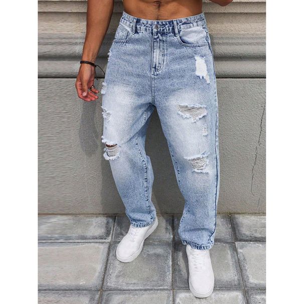 Men's High Street Distressed Jeans Light Blue Straight Leg Baggy Ripped Denim Pants For Casual Streetwear_mkmklike.com