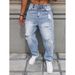 Men's High Street Distressed Jeans Light Blue Straight Leg Baggy Ripped Denim Pants For Casual Streetwear_mkmklike.com