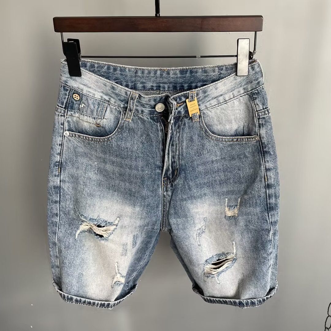 Personalized Scratched Denim Shorts Men's Loose Straight Middle Trendy Brand Piercing Fashion Casual Pentagram Pants_mkmklike.com