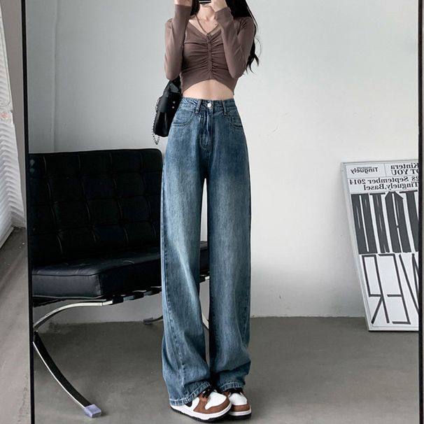 Wide Leg Jeans Korean Style High Waisted Loose Fitting Straight Leg Slimming plus Size Floor Length for Women Autumn Winter_mkmklike.com