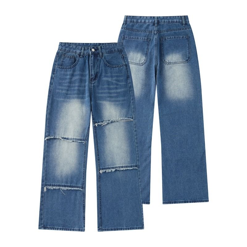 Vintage Washed Blue Relaxed Fit Straight Leg Jeans For Men – High Street Casual Streetwear With Distressed Details_mkmklike.com