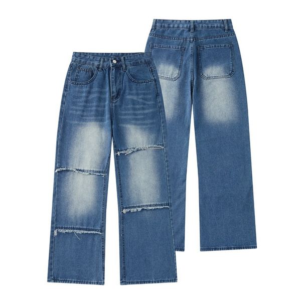 Vintage Washed Blue Relaxed Fit Straight Leg Jeans For Men – High Street Casual Streetwear With Distressed Details_mkmklike.com