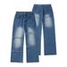 Vintage Washed Blue Relaxed Fit Straight Leg Jeans For Men – High Street Casual Streetwear With Distressed Details_mkmklike.com