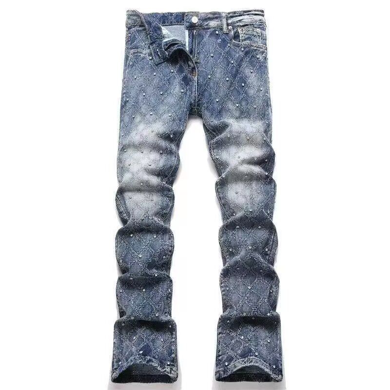 Men's Heavy Duty Rhinestone Jeans High Waist Slim Fit Floor Length Long Pants Versatile Slight Flare Spring Autumn_mkmklike.com