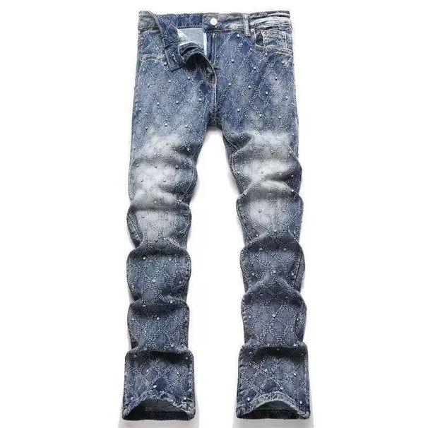 Men's Heavy Duty Rhinestone Jeans High Waist Slim Fit Floor Length Long Pants Versatile Slight Flare Spring Autumn_mkmklike.com