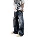 Men's American Style Heavyweight Washed Denim Jeans Straight Leg Loose Fit Casual Trendy Retro Wide Leg Pants_mkmklike.com