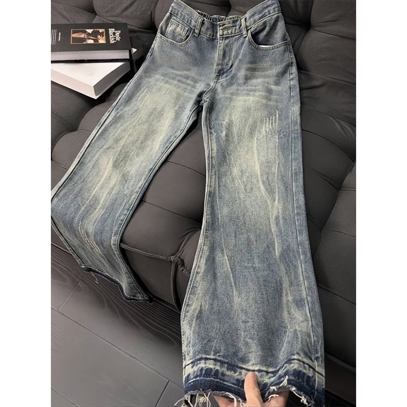 Men's Straight Leg Loose Wide Leg Trousers Lightning Pattern High Street Style Trendy Cool Washed Retro Flared Trousers_mkmklike.com