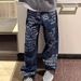 Streetwear Letter Print Jeans – Oversized Straight-Leg Denim Pants For Men (S-3XL, Vintage Dark Wash & Full-Length Typography)_mkmklike.com