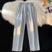 Light-colored Straight-leg Jeans For Petite Women, Spring And Autumn Thin Style, Elastic Waist, Wide-leg, Lace-up, Loose_mkmklike.com