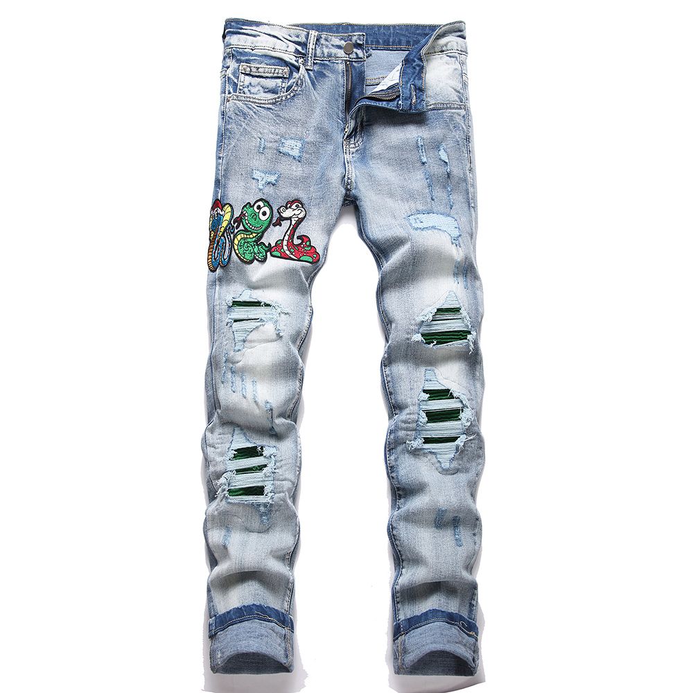 Men Snake Embroidery Jeans Streetwear Pleated Patch Slim Tapered Pants Ripped Distressed Stretch Denim Trousers_mkmklike.com