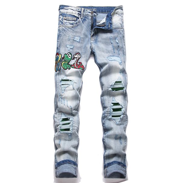 Men Snake Embroidery Jeans Streetwear Pleated Patch Slim Tapered Pants Ripped Distressed Stretch Denim Trousers_mkmklike.com