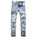 Men Snake Embroidery Jeans Streetwear Pleated Patch Slim Tapered Pants Ripped Distressed Stretch Denim Trousers_mkmklike.com