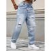 Men's High Street Distressed Jeans Light Blue Straight Leg Baggy Ripped Denim Pants For Casual Streetwear_mkmklike.com