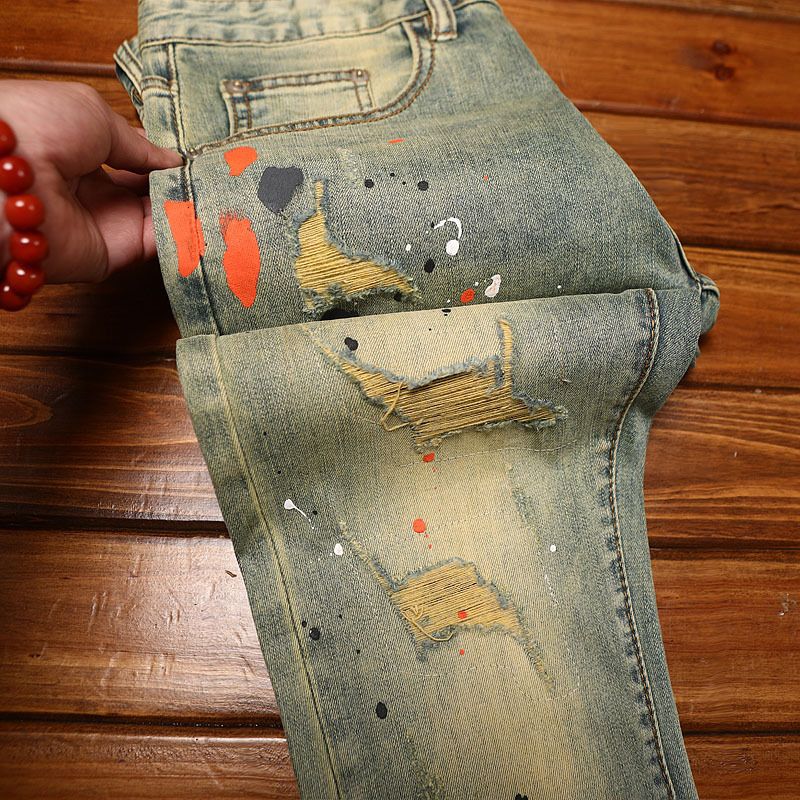 Men's Slim Fit Ripped And Distressed Cropped Jeans Elastic Waist Patched Retro Cool Street Style Casual Pants_mkmklike.com