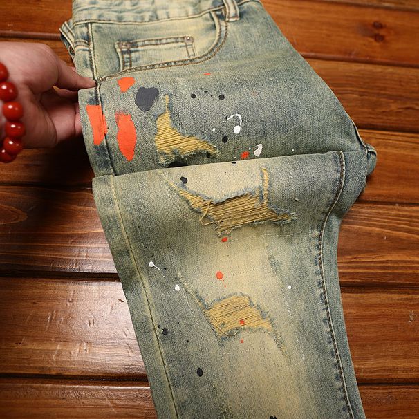 Men's Slim Fit Ripped And Distressed Cropped Jeans Elastic Waist Patched Retro Cool Street Style Casual Pants_mkmklike.com
