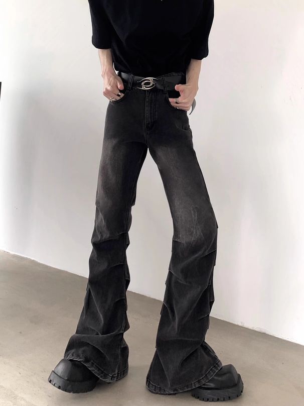 Qiushanfeng Men's High Street Vibe Pleated Bell Bottoms Heavy Washed Black And Gray Jeans Niche Design_mkmklike.com