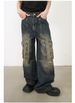 Retro Patchwork Zipper Workwear Style Multi-pocket Loose Washed Denim Jeans Trendy_mkmklike.com