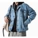 Men's Clothing Distressed Denim Jacket Oversized Streetwear Patchwork Coat With Multiple Pockets – Casual Loose Fit Washed Cotton Blend (Black/Blue)_mkmklike.com