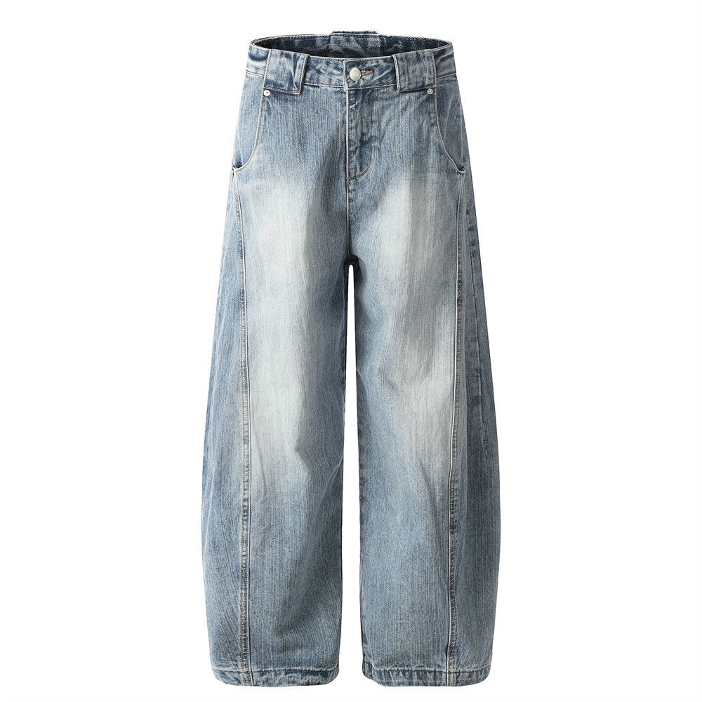 American Style Loose Wide-Leg Scimitar Men's Denim Trousers Vibe Trendy Brand Punk Split Patchwork Casual Pants_mkmklike.com