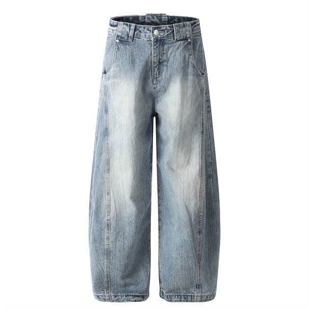 American Style Loose Wide-Leg Scimitar Men's Denim Trousers Vibe Trendy Brand Punk Split Patchwork Casual Pants_mkmklike.com