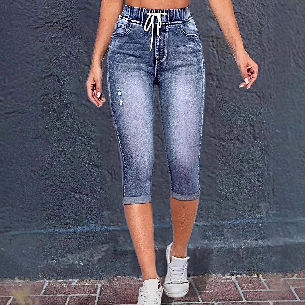Women’S Distressed Stretch Capri Jeans – Streetwear Style With Drawstring Waist & Ripped Details_mkmklike.com