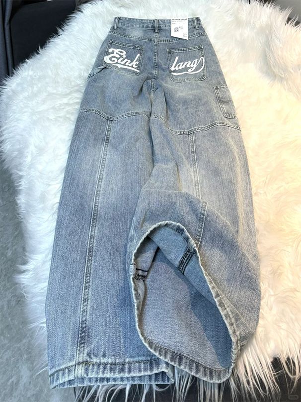 Men's Clothing Washed Letter Print High Waist Jeans Niche Versatile Design Straight Casual Mopping Pants_mkmklike.com