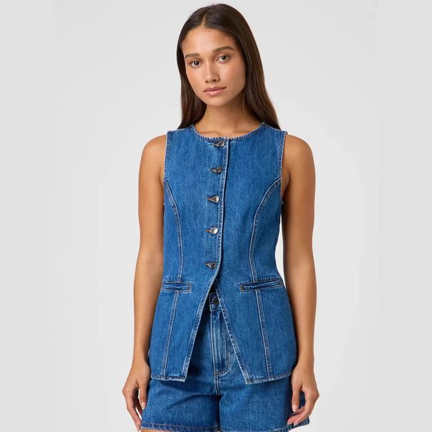 Women's Spring And Summer New Denim Suit Fashion Sleeveless Waisted High-waisted Loose Denim Shorts Two-piece Set_mkmklike.com