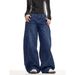 Cross-border American Retro Large-pocket Scythe Jeans For Women, Loose-fitting, Floor-length, Wide-leg, Blue, Casual_mkmklike.com