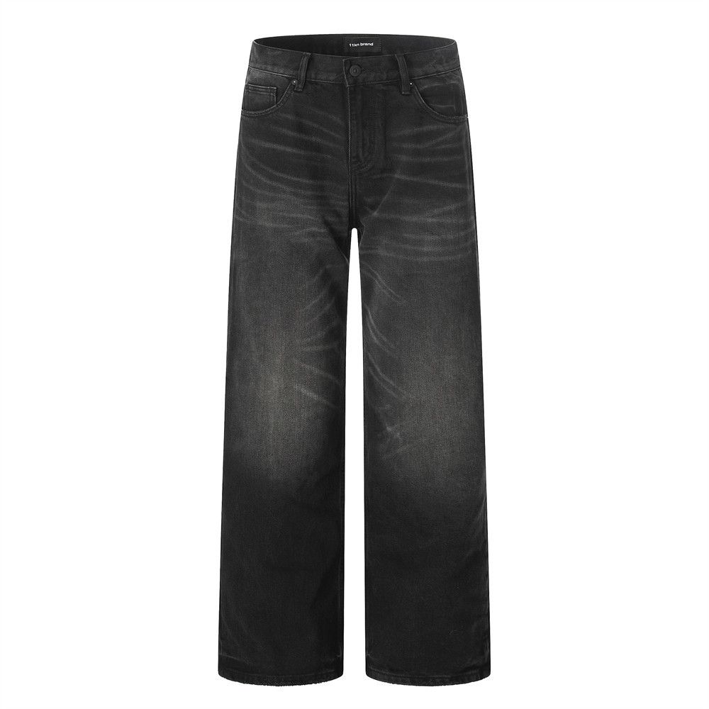 Punk Washed Denim Pants Men Loose Streetwear Vintage Frayed Casual Wide-Leg Straight Trousers_mkmklike.com