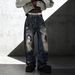 Men's Oversized Straight-Leg Jeans – Distressed Washed Denim With Graffiti Face Print & Fake Rips (Streetwear, Urban Style, Low Waist, Unisex Appeal)_mkmklike.com