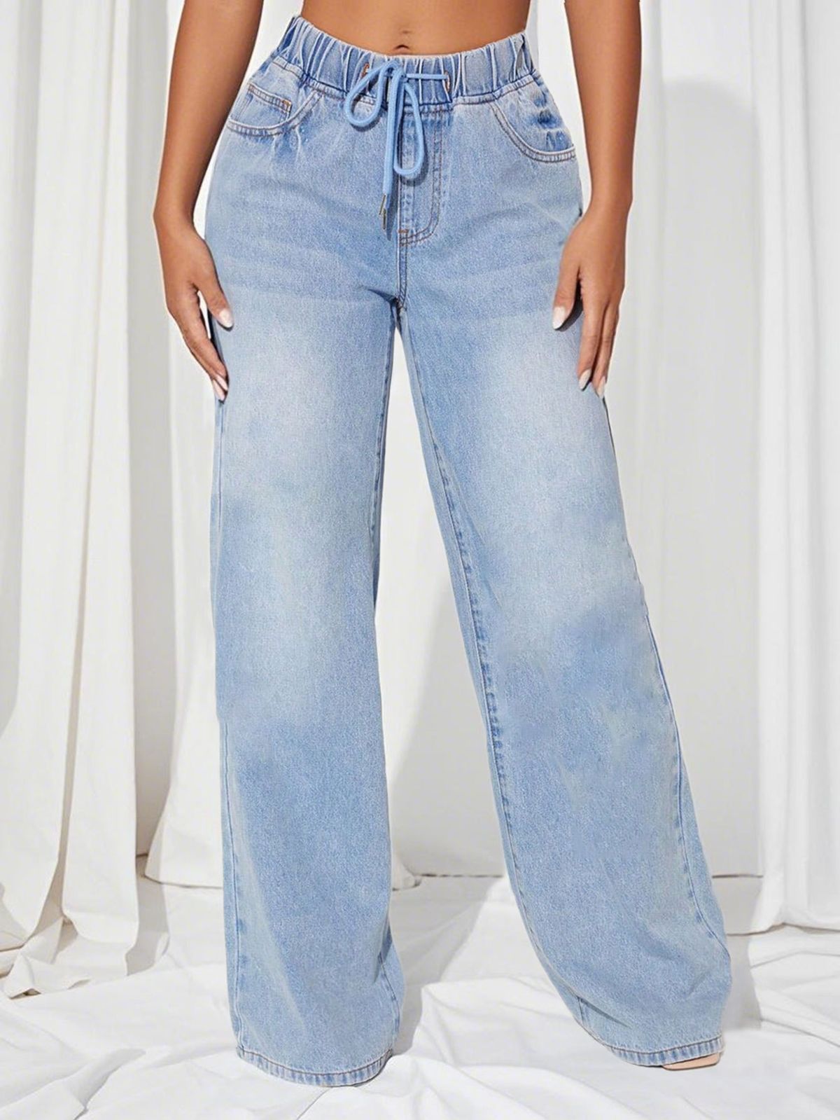 Plus Size High-Waisted Straight Leg Jeans – Classic Blue Relaxed Fit Denim Pants For Women (Wide-Leg Comfort Stretch Trousers)_mkmklike.com