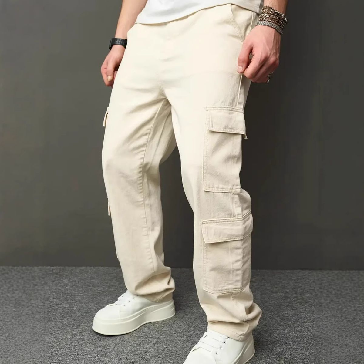 Men's Utility Cargo Pants – Beige Washed Cotton Workwear With Multi-Pocket Design (30-40, Mid-Rise Straight Fit, Street Style Inspired)_mkmklike.com