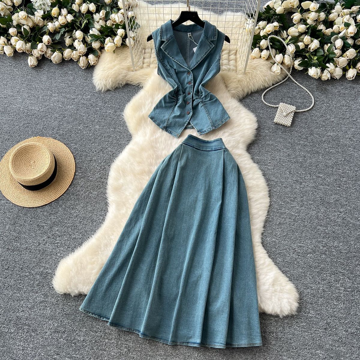 Women’s Clothing French Style Age Reducing Suit For Women In Summer, Light Mature Style, Pleated Waist, Lapel Sleeveless Denim Top + High Waist Skirt_mkmklike.com