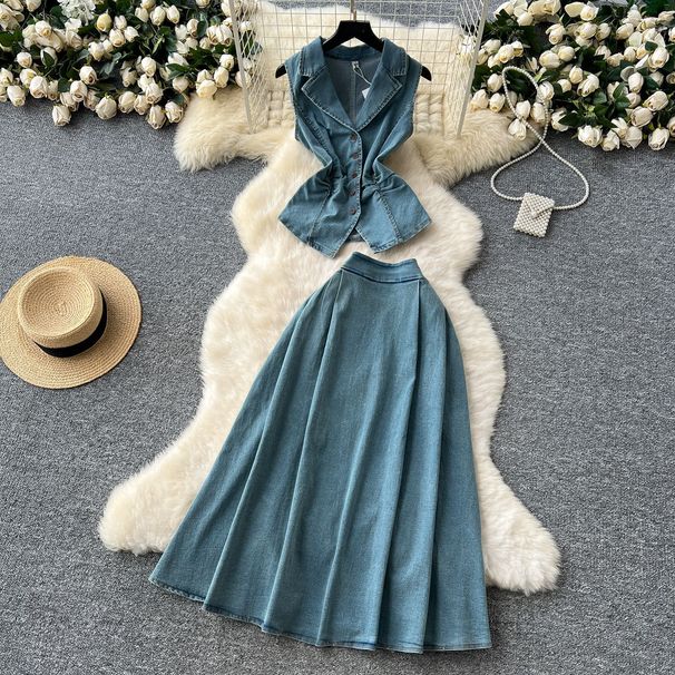 Women’s Clothing French Style Age Reducing Suit For Women In Summer, Light Mature Style, Pleated Waist, Lapel Sleeveless Denim Top + High Waist Skirt_mkmklike.com