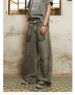 Men's Retro Washed Letter Print Jeans High Street Style Loose Wide Leg Straight Trousers mid Waist Zipper Fly Gray Casual Jeans_mkmklike.com