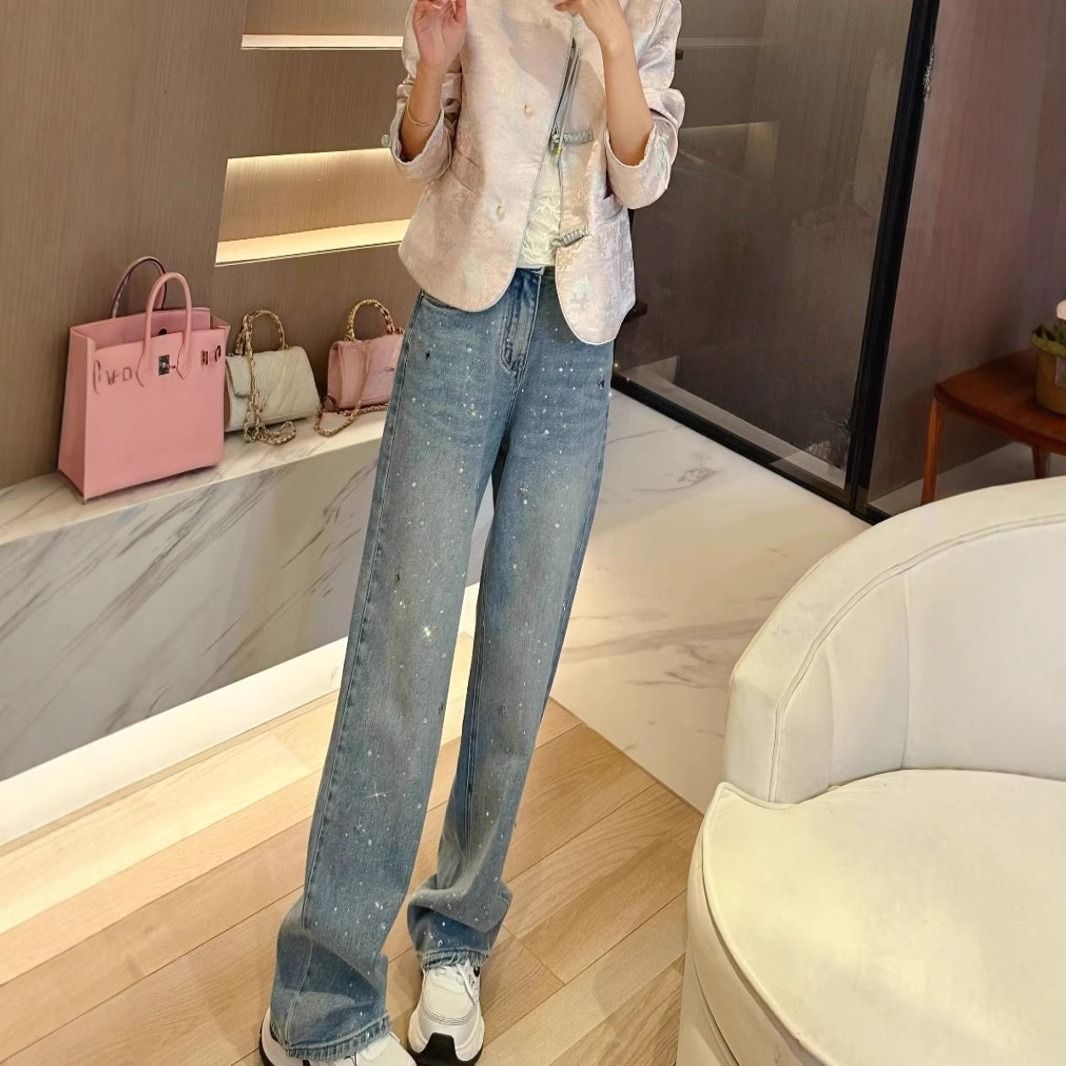 Women's Clothing Autumn Slim Fit Straight Leg Jeans For Plus Size Women Wide Leg Pants Stylish And Versatile Pear Shaped_mkmklike.com