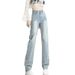 Light-colored Straight-leg Jeans Women, Summer 2025 New Style, Narrow Wide-leg Pants, High-waisted Loose-fit Pipe Pants_mkmklike.com