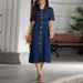 218665 Women's New Denim Collar Short Sleeved Cardigan With A Cinched Waist And Fitted Dress_mkmklike.com